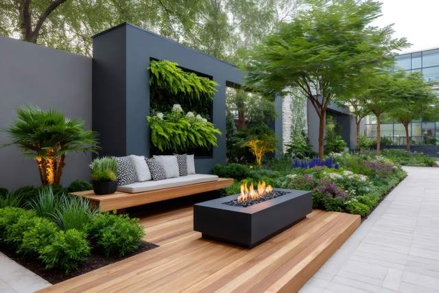 luxcraft modern garden with wooden deck, fire pit, vertical garden and lush vegetation