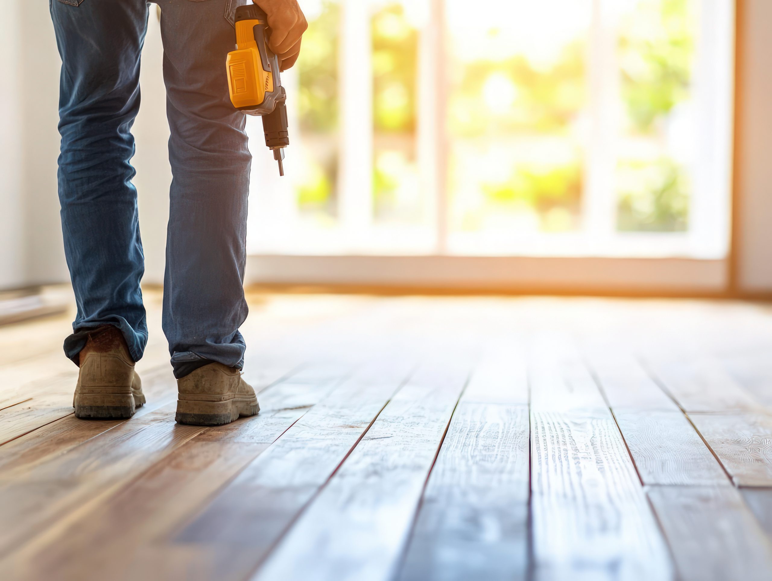 Luxcraft carpentry maintenance installing new wood flooring with drill in bright room renovation project